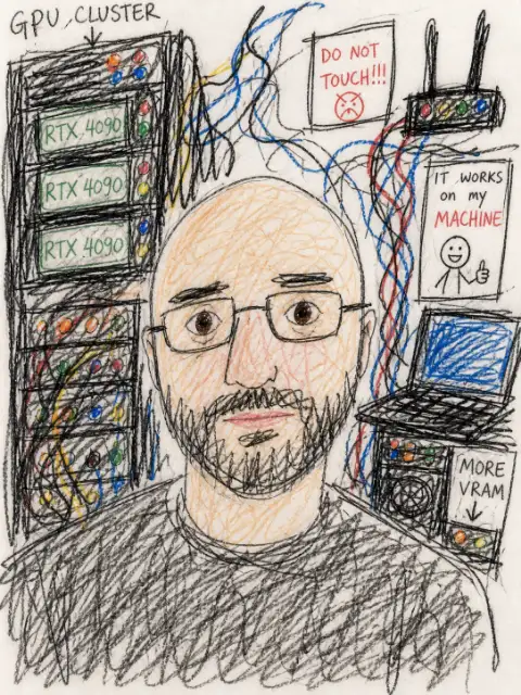 Sergei Golovach, drawn in crayon: glasses, beard, a rack of GPUs behind him and a sign that says IT WORKS on my MACHINE